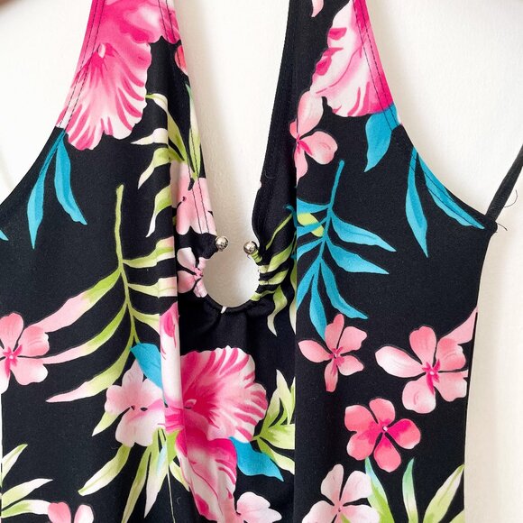 Vintage Y2K Tropical Floral Halter Midi Dress Handkerchief Hem, Sz Medium - Picture 3 of 10